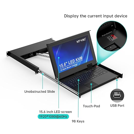 MT-VIKI 16 Port VGA KVM Console, 1U Rack Mount KVM Console w/15.6'' LCD Monitor, 1080P All-in-ONE LCD KVM Console Integrated Touchpad+Keyboard+Drawer+16 KVM Cables