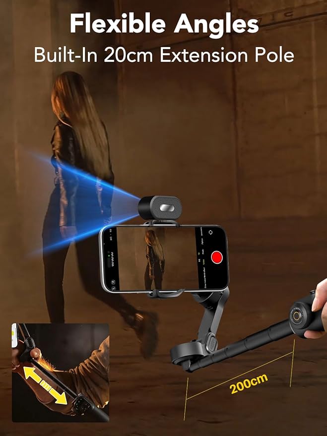 Smart X2 Smartphone Gimbal Stabilizer with 360°Rotation,OLED Display,Built-in 20cm Extension Rod Selfie Stick,Adjustable 7-Color RGB Fill Light, Ideal for Night Video Shoots,X2 KIT Black