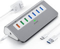 Powered USB-C 7-Port Hub, USB 3.2 Gen 2 Adapter - 4x 10Gbps Data, 3x 3.3ft Charging Ports, 30W Power Adapter for Laptop, PC, MacBook