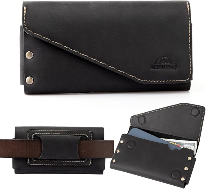 topstache Leather Phone Holster with Belt Loop, Magnetic Closure Cell Case Card Holder Wallet,Leather Pouch for iPhone 14 Pro,Galaxy S23(Fits Otterbox on) L,Black, Belt Loop-Black (C0403)