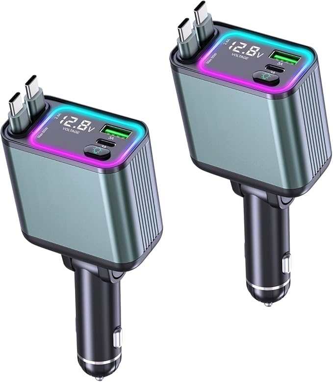 [2 Pack] 4 in 1 Retractable Car Charger with RGB Light, 92W Fast Charging Dual USB C Car Adapter, Compact Car Phone Charger for iPhone/Galaxy/Pixel, Road Trip Essentials (Dual Type C Cable)