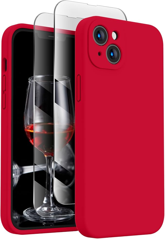 FireNova Designed for iPhone 14 Case, Silicone Upgraded [Camera Protection] Phone Case with [2 Screen Protectors], Soft Anti-Scratch Microfiber Lining Inside, 6.1 inch, Deep Red