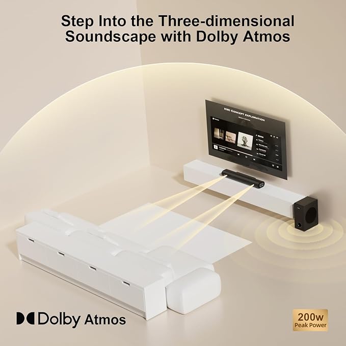 Hiwill 2.1CH Dolby Atmos Soundbar with Subwoofer, 200W Peak Power, Home Theater Sound Bar for Smart TV, Adjustable Treble and Bass, Clear Dialogue, HDMI eARC/ARC/Opt/BT/AUX, HiElite A21