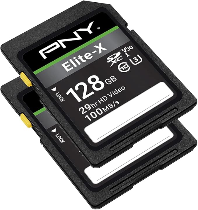 PNY 128GB Elite-X Class 10 U3 V30 SDXC Flash Memory Card - 100MB/s, Class 10, U3, V30, 4K UHD, Full HD, UHS-I, Full Size SD (Pack of 2)