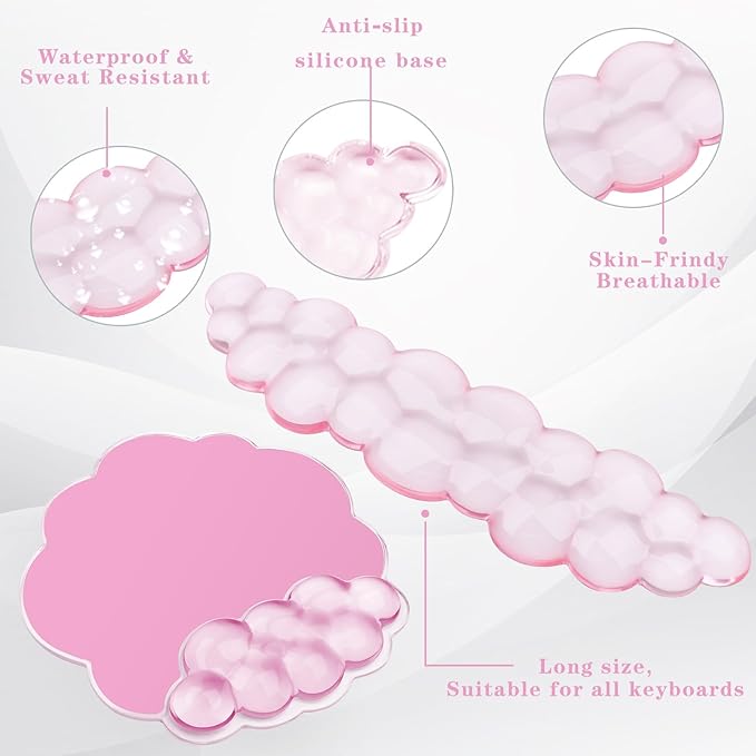 Gel Cloud Keyboard and Mouse Wrist Rest, Cute Wrist Support and Arm Support Rest for Typing Pain Relief，Suitable for Office/Computer/Laptop/Gaming Set-Pink