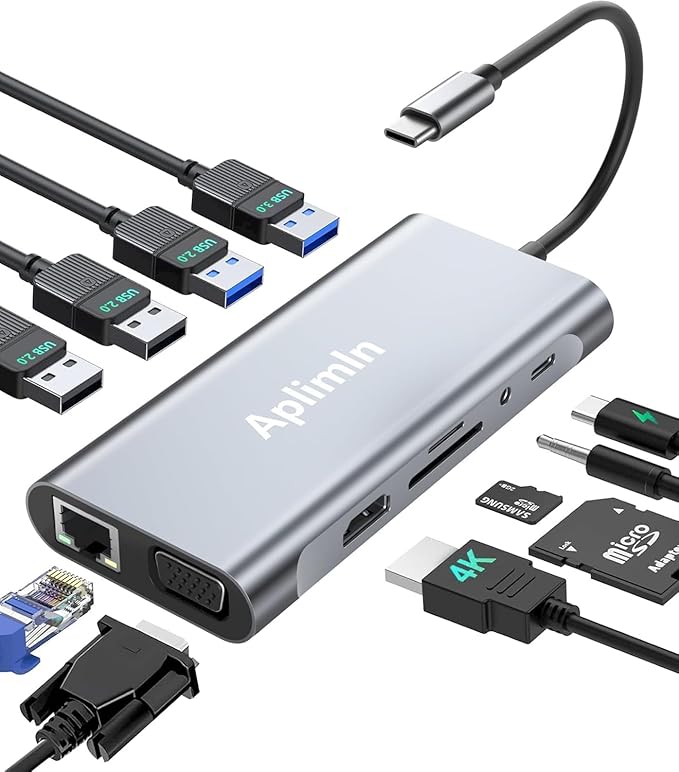 USB C HUB, USB C Adapter 11 in 1 Dongle with 4K HDMI, VGA, PD 100W, 1 X USB 3.0, 3 X USB 2.0 Ethernet, SD/TF Card Reader, 3.5mm Headphone Jack for iPhone 16/15 MacBook Pro/Air, Other Type C Laptops