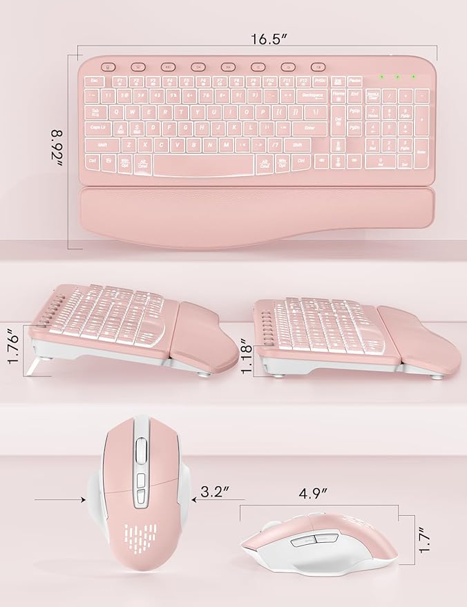 SABLUTE Ergonomic Wireless Keyboard and Mouse Combo - Wave Keyboard with Soft Leather Wrist Rest, Resistant Keys, RGB Backlit Rechargeable Set for PC/Mac/Chromebook (Pink)