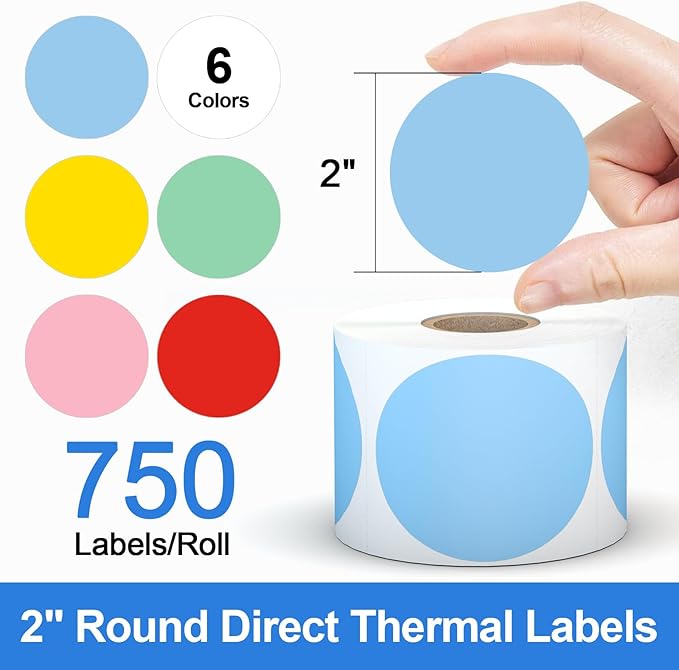 6 Rolls 2" Color Circle Direct Thermal Stickers Labels, Self-Adhesive Round Thermal Labels Printer Stickers for Business, DIY, Code, Name Tag, Envelope Seal