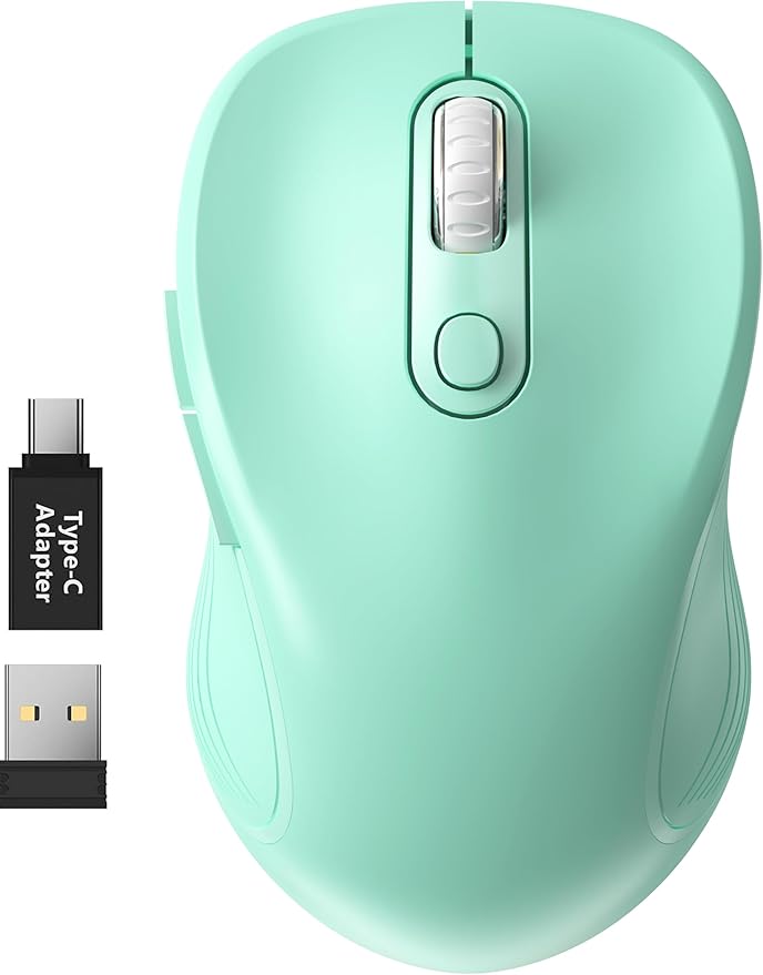 WisFox 2.4G Wireless Mouse for Laptop, Ergonomic Computer Mouse with USB Receiver and Type-C Adapter, 3 Adjustable Levels DPI, 6 Button Cordless Wireless Mice (Mint Green)