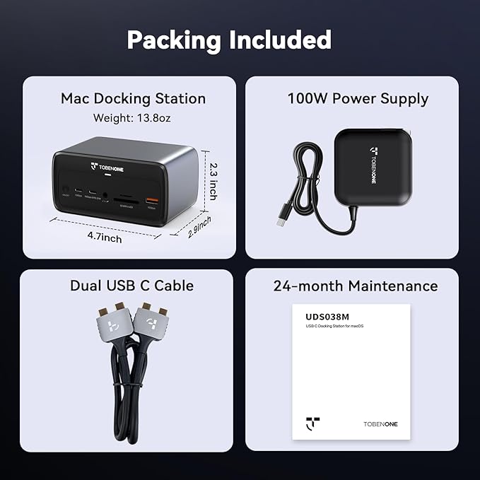 TobenONE MacBook Docking Station Dual 4K@60Hz, 16-in-2 USB C Docking Station with 2 HDMI Ports, 7 USB Ports, 100W GaN Power Supply & 20W Charging, 2.5Gbps Ethernet, for Home & Office
