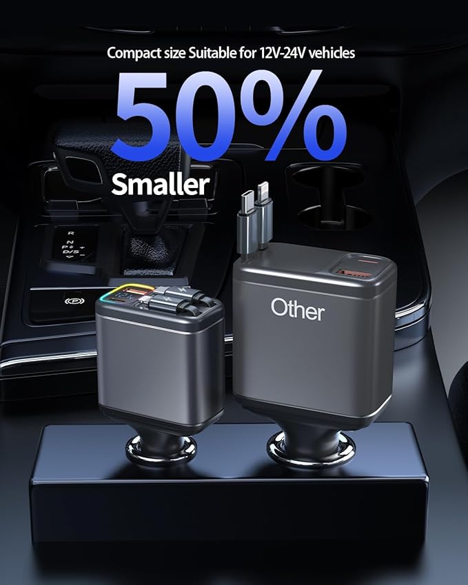 247W Retractable Car Charger with Voltage Monitor&Multicolored Light,5 in 1 USB C Car Charger with 2 Retractable Cable for iPhone 16 15 Pro Max Plus,Laptop,MacBook Air/Pro,Samsung Galaxy S25 S24,iPad