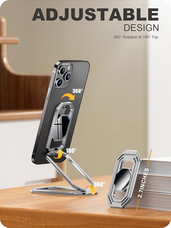 A-LuGei 𝗙𝗼𝗹𝗱𝗮𝗯𝗹𝗲 & 𝗔𝗱𝗷𝘂𝘀𝘁𝗮𝗯𝗹𝗲 Cell Phone Ring Holder Stand, Phone Kickstand for Desk, Cell Phone Holder for Hand, Ring for Back of iPhone, Metal Phone Grip for Magnetic Car Mount