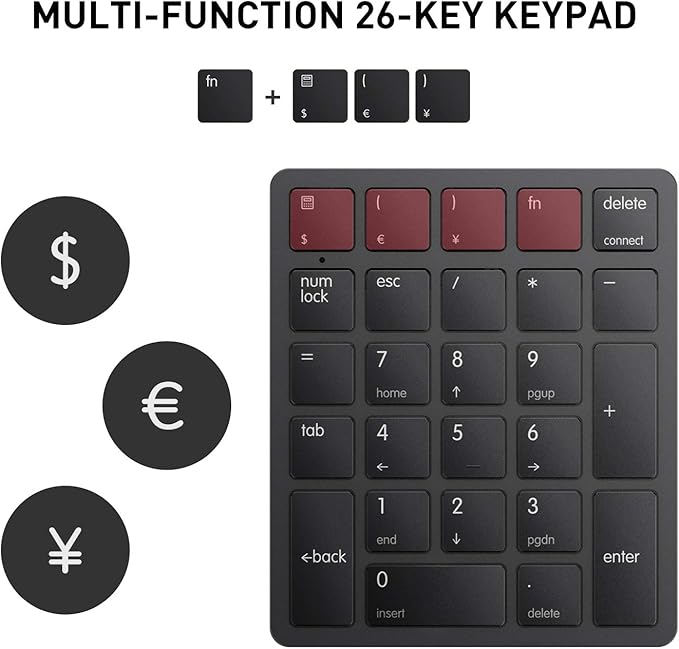 havit Bluetooth Number Pad Wireless Numeric Keypad Numpad 26 Keys Portable Mini Financial Accounting Rechargeable Numeric Pad for Windows Laptop Desktop, PC, Notebook (Black)