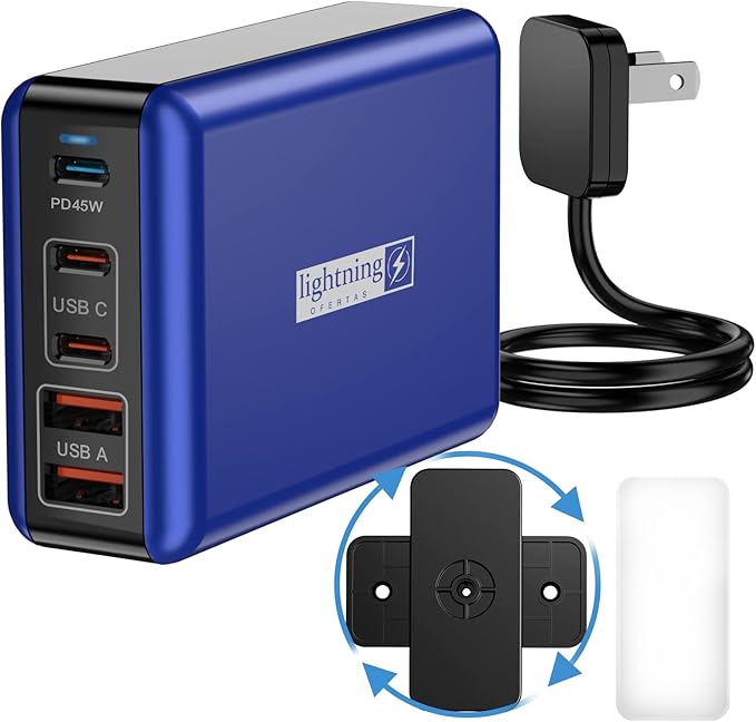 100W USB C Charger, 5 Port USB Tower Charging Hub Fast Charger for iPhone,iPad,MacBook, Super Fast Charging for Samsung, Multi USB Block with Flat Plug, Travel Charger for Multiple Devices, Blue