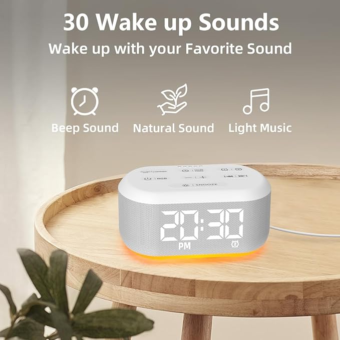 Brown Noise Machine Small Digital Alarm Clock Sound Machine for Bedrooms White Noise Machine Night Light Plug in Desk Clock with 30 Wake up Sounds Clock for Kids Heavy Sleepers Snooze 32 Levels Volume