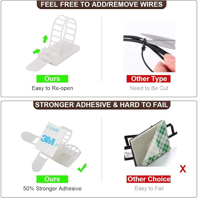 Adhesive Cable Management Clips, 100Pcs Adjustable Nylon Cable Strap Ties Wire Clips Clamps Organizer with Strong Adhesive Tape, Extra Screw & Hole for Strong Fixation Home Office - 3.55 Inch White