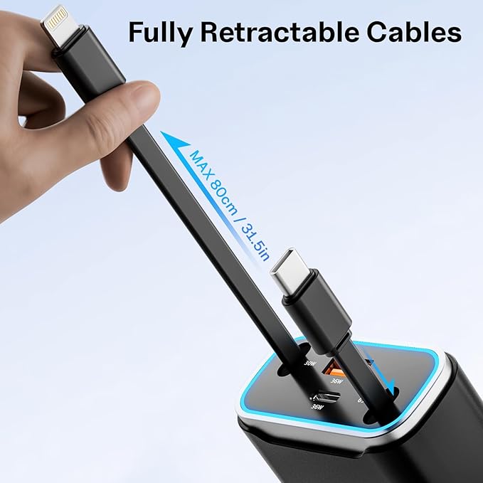 iPhone Car Charger, 4 in 1 Retractable Fast Car Phone Charger Adapter 131W, Retractable Cables (31.5 inch) & 2 USB Ports for iPhone 16/15/14/13/12/11 Pro/Samsung