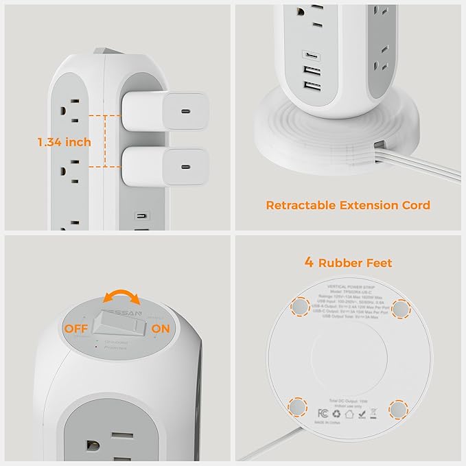 Surge Protector Power Strip Tower, TESSAN 5 FT Retractable Extension Cord with Multiple Outlets, 11 Outlets with 3 USB (1 USB C) Charging Station, 1050J, Office Desk Supplies, Dorm Essentials