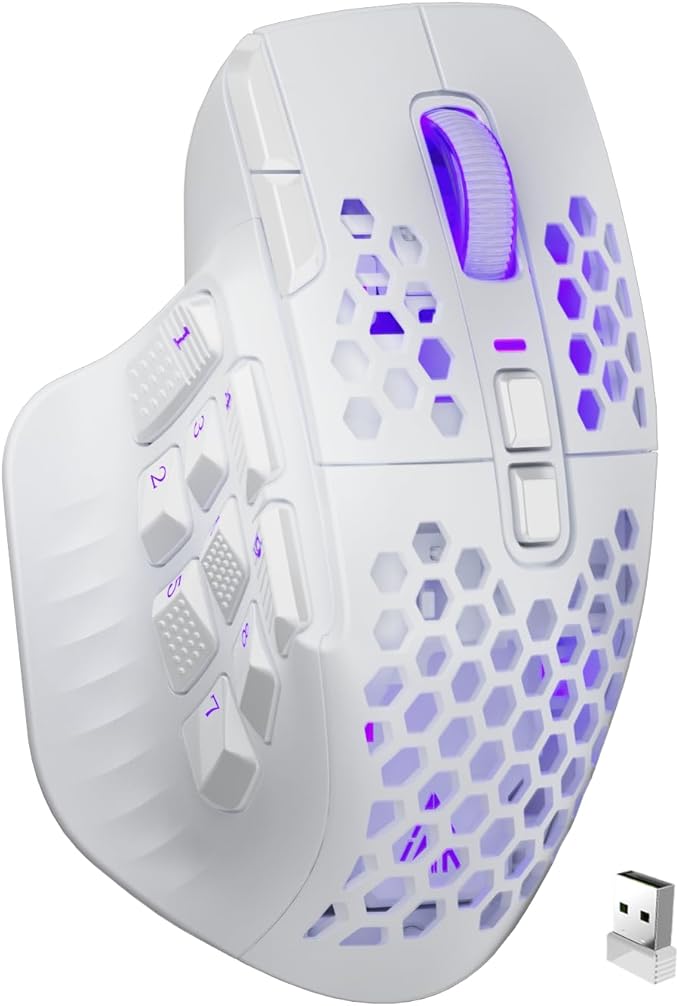 SM809 Pro Wireless MMO Gaming Mouse with 9 Side Buttons,24000 DPI,Triple Connectivity (2.4G/BT/Wired) RGB MMO Mouse for Gamer,16 Programmable Macros,Up to 350H Battery Life,White