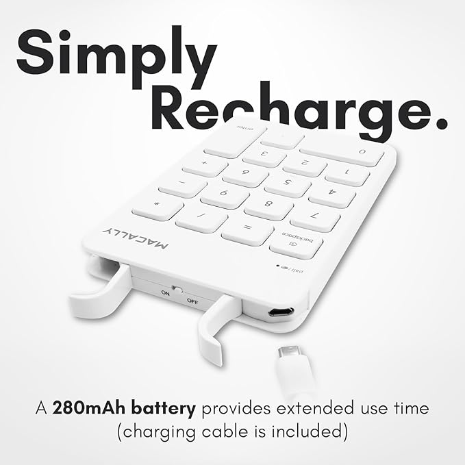 Macally Bluetooth Number Pad for Laptop, Apple, Mac, iMac, MacBook Pro/Air, Ipad, Windows PC, Tablet, or Desktop Computer - Rechargeable 18 Key Wireless Numeric Keypad - White Bluetooth 10 Key Numpad