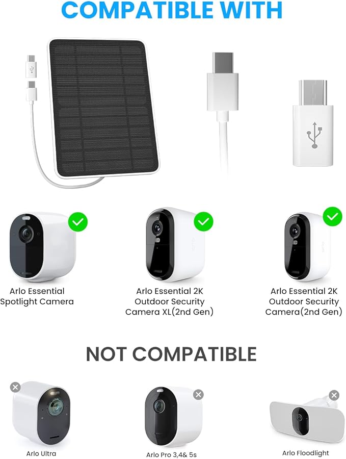 Solar Panel Charger Compatible with Arlo Essential 2K Outdoor(2nd Gen)/Essential XL Camera(2nd Gen)/Essential Spotlight, 5W Solar Panel with IP65 Waterproof 10ft Micro USB-C Cable & Wall Mount, 2 Pack