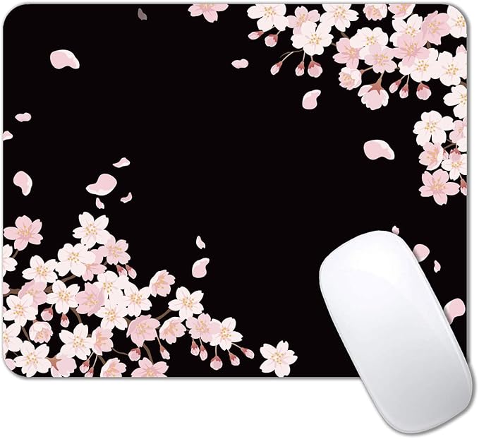 IMAYONDIA Cute Pink Flowers Mouse Pad, Cherry Blossom Mouse Pad, Serene Blossoms on Black Elegant Floral Mousepad, Japanese Minimalistic Mice pad for Computer Office Girl, 9.5 x 7.9 Inch