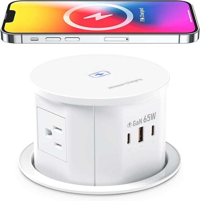Pop up Outlet for Countertop with 15W Wireless Charger,65W USB C Charging Station,4 Outlets,2 USB C,USB A,Tamper Resistant Receptacle,4.7-inch Hole Power Grommet,Desk Recessed Outlet,White