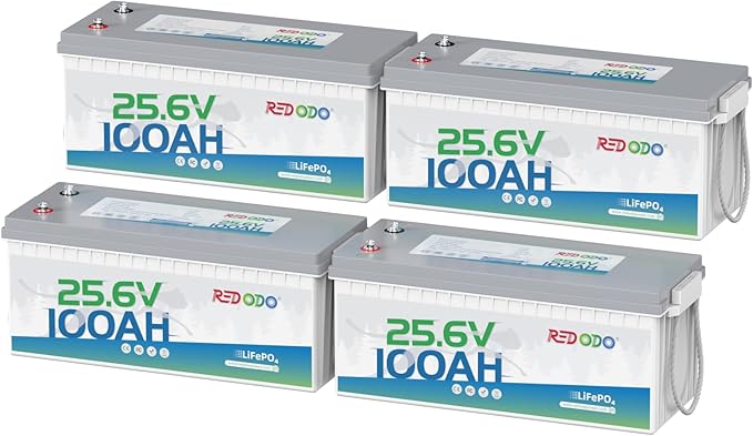 Redodo 24V 100Ah LiFePO4 Lithium Battery, 2560W Power, 100A BMS, Up to 15000 Deep Cycles Perfect for Solar Off-Grid System, Marine, Trolling Motor, Backup Power, 4 Pack