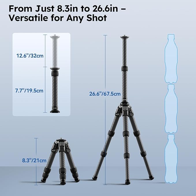 SIRUI Mini Carbon Fiber Tripod with Extendable Center Column, Max Height 26", Supports 33lbs - Ultra-Light 1.7lbs for Desk & Travel, New Anti-Corrosion Carbon Fiber(AM-223S+SL-100S)