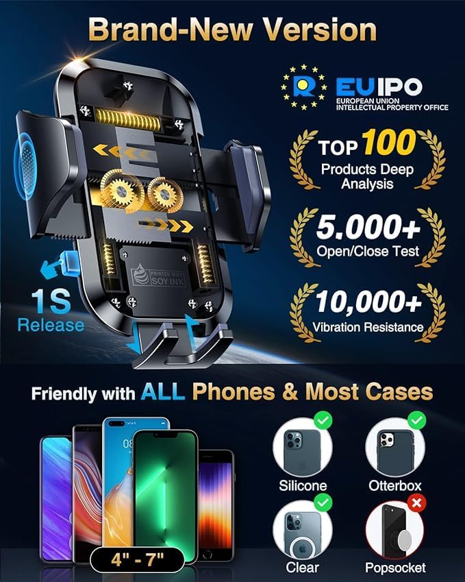 VANMASS Ultimate Car Phone Holder 2025【Military-Grade & Strongest Suction】 Phone Holder for Your Car【Patent & Safety Certs】 Windshield Dashboard Vent Cell Phone Car Mount for iPhone Samsung Android