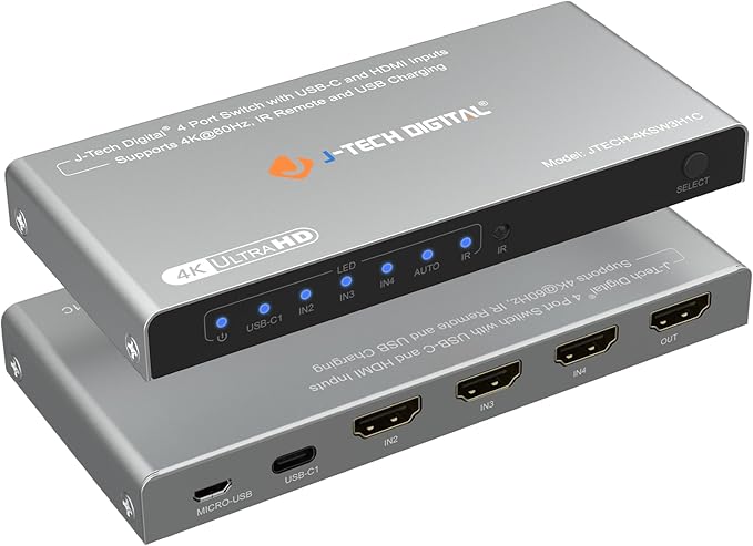 J-Tech Digital 4K 60Hz 4x1 HDMI & USB-C Switch | 3 HDMI + 1 USB-C Input, 1 HDMI Output | Compatible w/HDR & Dolby Vision | IR Remote, Auto Switch, CEC, Digital Audio [JTECH-4KSW3H1C]