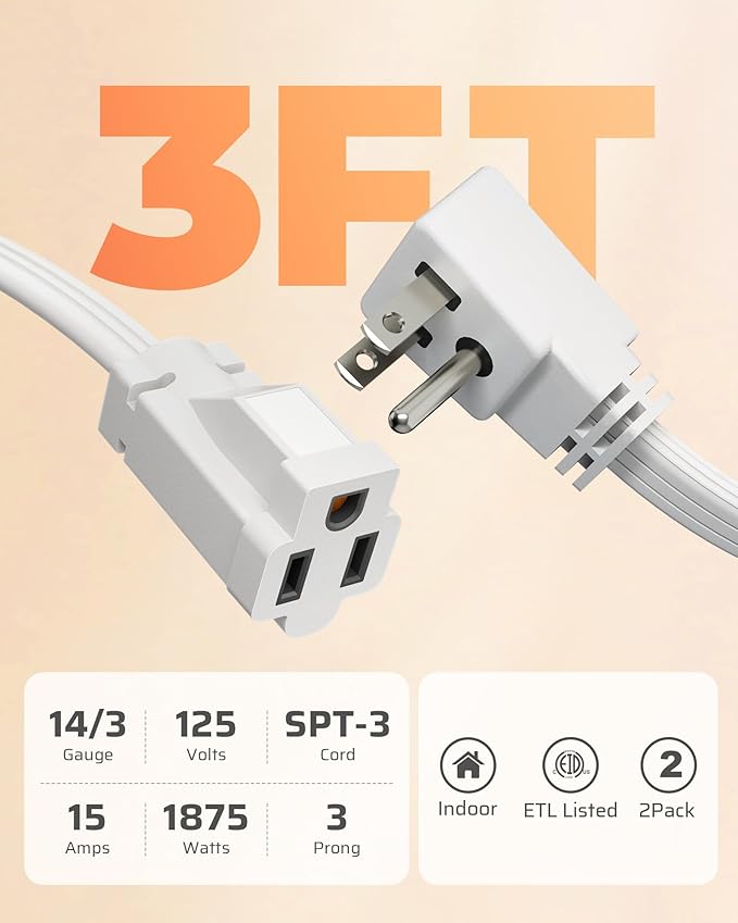 DEWENWILS Heavy Duty 3FT Extension Cord with 3-Prong Flat Plug, 15A/1875W 14/3 SPT-3 Flat Wire, Space Saving for Home Office Appliances & Electronics, ETL Listed, 2 Pack, White