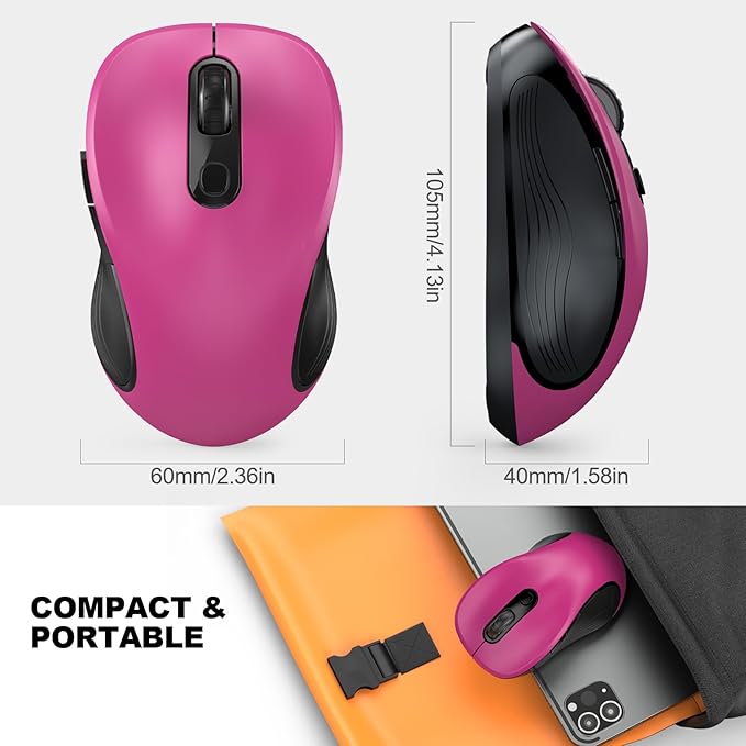 WisFox 2.4G Wireless Mouse for Laptop, Ergonomic Computer Mouse with USB Receiver and Type-C Adapter, 3 Adjustable Levels, 6 Button Cordless Wireless Mice for Windows Mac PC Notebook (Fuchsia)