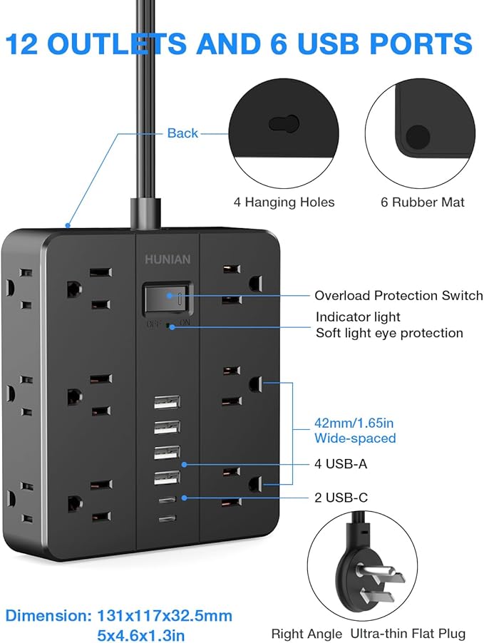 Surge Protector Power Strip 15 Ft Cord, HUNIAN Flat Plug Extension Cord with 12 Widely Spaced Outlets 6 USB Charger (2 USB C Ports), Desk Charging Station for Home Office Supplies, Dorm Room, Black