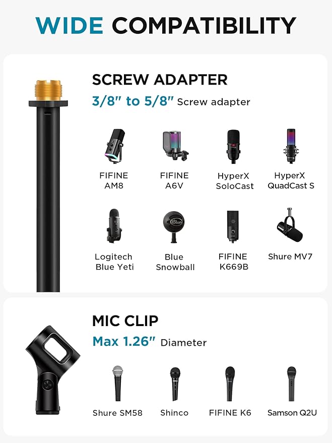 InnoGear Adjustable Desk Microphone Stand, Weighted Base with Soft Grip Twist Clutch, Boom Arm, 3/8/'' and 5/8/'' Threaded Mounts for Blue Yeti and Blue Snowball, Kick Drums, Guitar Amps, Black