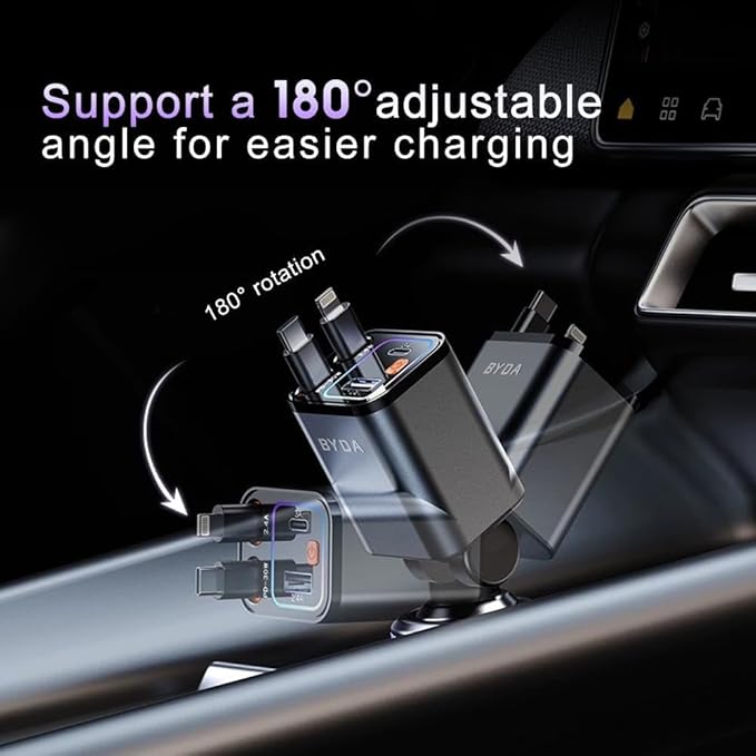 Retractable Car Charger, 4 in 1 Fast Charging USB-C & USB-A Compatible with iPhone 16/15/14/13/12/11 Pro Max, 69W Fast Car-Charger Cigarette Lighter Adapter for Galaxy, Pixel (Light-ning+USB-C) Black