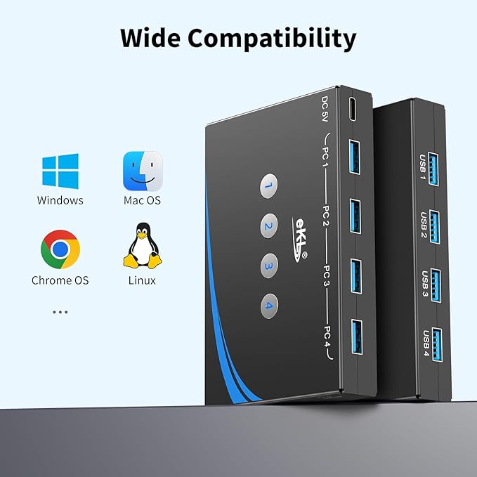 eKL USB 3.0 Switch 4 Computers Share 4 USB 3.0 Ports USB Switcher for PC Laptop Mouse Keyboard Scanner Printer One Button Switch with 3.5mm Headphone Jack and 4 Pack Cables