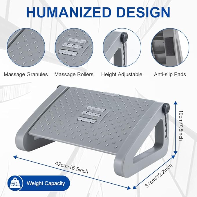 Foot Rest for Under Desk at Work - Six Heights Adjustable Under Desk Footrest - Ergonomic Foot Stools for Under Office Desks - Desks Foot Rest with Massage Rollers - Leg Rest for Chair (Gray)
