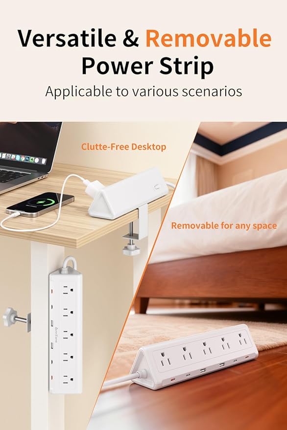 10 FT Desk Clamp Power Strip with 5 AC Outlets & 6 USB Ports PD 40W USB-C Fast Charging, 1250J Surge Protector, Fits 2.6 in top Edge White