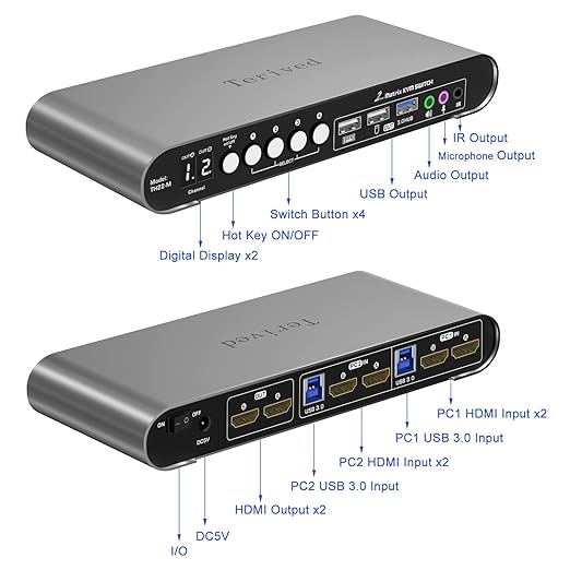 2 Computers 2 HDMI Monitors Matrix Automatic KVM Switch 4K@60Hz, Hotkey Switching, EDID, Digital Display and Aluminum Shell, USB 3.0 Hub Audio Microphone with Cables