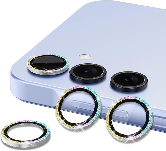 for Samsung Galaxy A35 5G Camera Lens Protector, Individual Metal Ring Tempered Glass Lens Cover, [Strong Adsorption] Scratch Resistant Ultra-Thin HD Clear Lens Cover, 1 Set-Colorful Sparkly