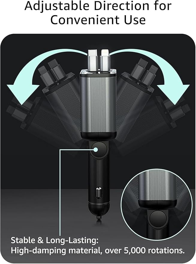 Retractable Car Charger USB C,107W Type C Car Charger Fast Charging with Dual Retractable Cable and USB Ports, Compatible with iPhone 16/15/14/13,S25/24/23/22, Pixel 9/8/7