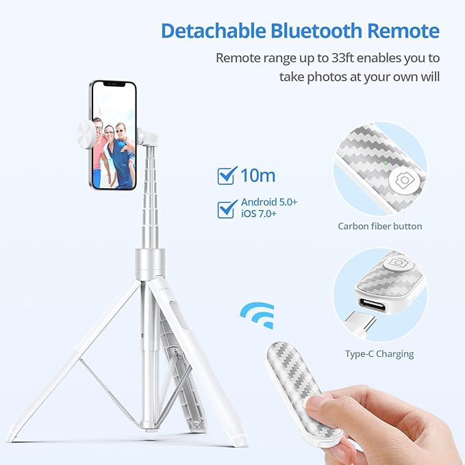 ATUMTEK 60" Selfie Stick Tripod, All in One Extendable Phone Tripod Stand with Bluetooth Remote 360° Rotation for iPhone and Android Phone Selfies, Video Recording, Vlogging, Live Streaming, White
