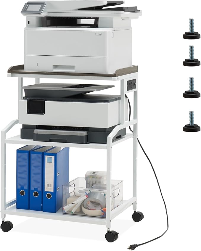 Lauren&Harold 34'' Printer Stand with Power Outlets & USB Ports, 3-Tier Adjustable Rolling Cart, Heavy Duty 150LBS Storage Table with Wheels for Office, Kitchen, Living Room, White