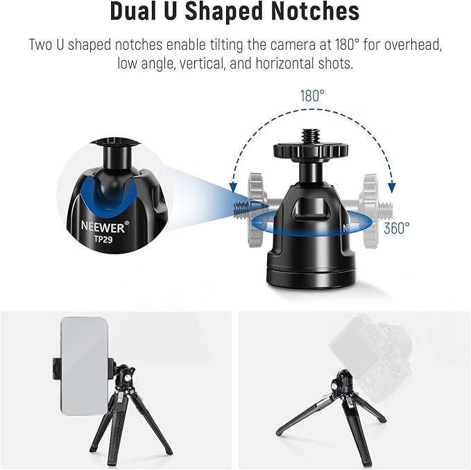 NEEWER Mini Metal Table Tripod with 360° Ball Head, Supports Vertical Recording and Handle, Portable Travel Tripod with 1/4 Inch Screw for Camera Mobile Phone Action Cam, Max. Load 3 kg, TP29