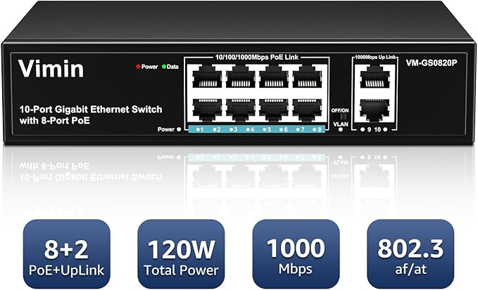 8 Port Gigabit PoE Switch with 2 Uplink Gigabit Ports, VIMIN 10 Port Unmanaged Ethernet PoE Switch with 120W Power, Support IEEE802.3af/at, VLAN, Metal Housing, Desktop or Wall-Mount, Plug & Play