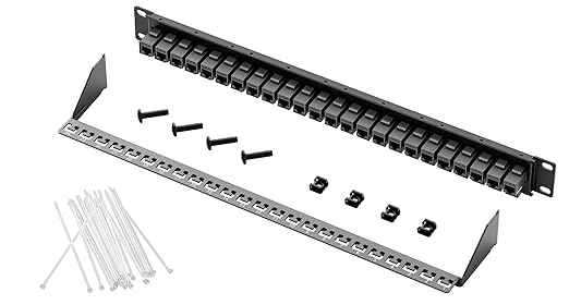 FGB 24 Port Cat6A Keystone Patch Panel, 19" Rackmount or Wall Mount, 1U with Back Bar, Network Patch Panel for Gigabit Ethernet