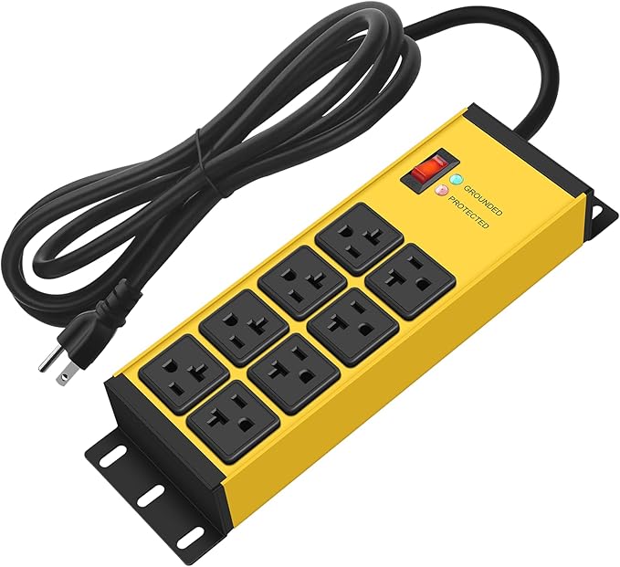 CCCEI Yellow Heavy Duty Power Strip Surge Protector 20 AMP, 8 Outlets 12 Gauge Industrial Shop Garage Metal Multiple Outlets, 20 FT Extension Cord 5-15P Adapter High Amp 6-20R T-Slot 20a for Appliance