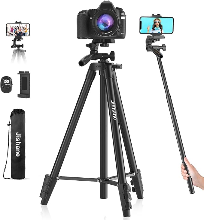 71" Camera Tripod, Versatile Cell Phone Tripod with Wireless Remote Phone Holder and Carry Bag, Lightweight Portable Camera Tripod Stand Compatible with Smartphone Cameras, Max Load 6.6 lbs