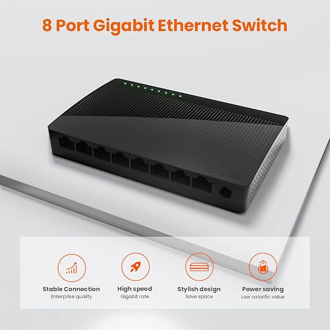 Tenda SG108, 8-Port Gigabit Ethernet Switch, Unmanaged Network Hub, Ethernet Splitter, Plug & Play, Shielded Ports & Plastic Case, Desktop/Wall-Mount, Fan-Less, Limited Lifetime Protection